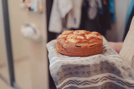 Wedding loaf. Embroidered towel. Bread loamの写真素材