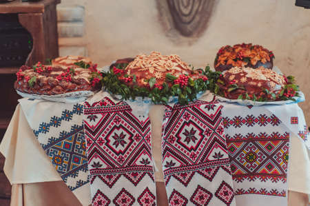 Wedding loaf. Embroidered towel. Bread loamの写真素材