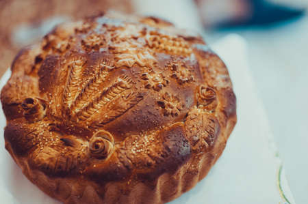 Wedding loaf. Embroidered towel. Bread loamの写真素材