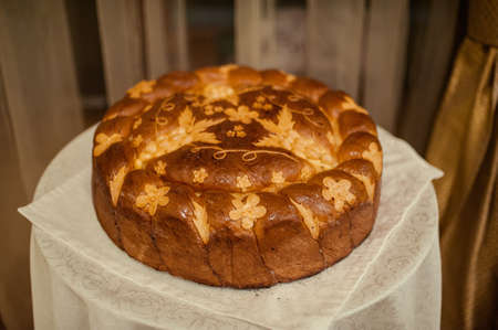Wedding loaf. Embroidered towel. Bread loamの写真素材