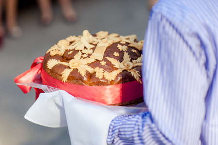 Wedding loaf. Embroidered towel. Bread loamの写真素材