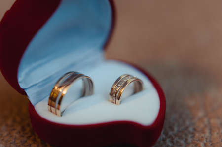 Two wedding rings of the bride and groom close-upの写真素材