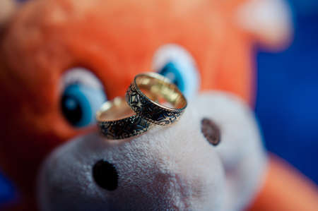 Two wedding rings of the bride and groom close-upの写真素材