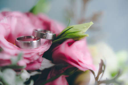 Two wedding rings of the bride and groom close-upの写真素材