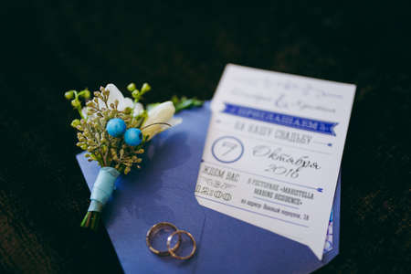 Two wedding rings of the bride and groom close-upの写真素材