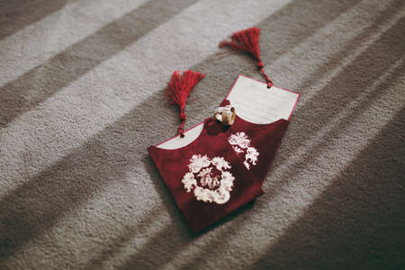 Two wedding rings of the bride and groom close-upの写真素材