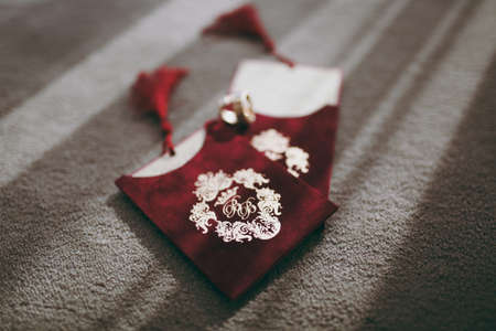 Two wedding rings of the bride and groom close-upの写真素材