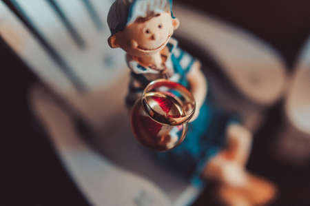 Two wedding rings of the bride and groom close-upの写真素材