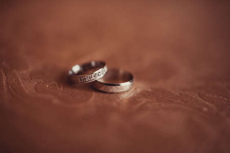 Two wedding rings of the bride and groom close-upの写真素材