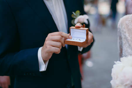 Two wedding rings of the bride and groom close-upの写真素材
