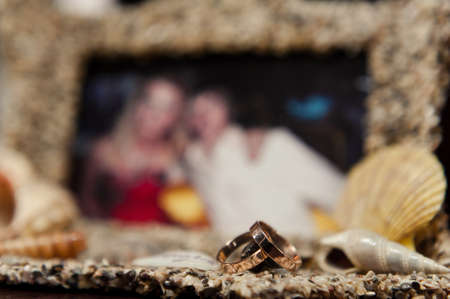 Two wedding rings of the bride and groom close-upの写真素材