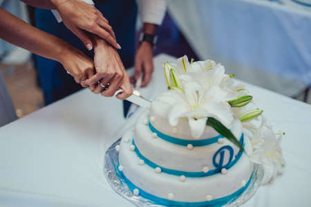 Beautiful white and colored wedding cake. A bride and a groom is cutting their wedding cakeの写真素材