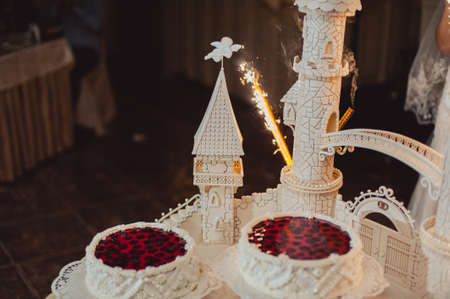 Beautiful white and colored wedding cake. A bride and a groom is cutting their wedding cakeの写真素材