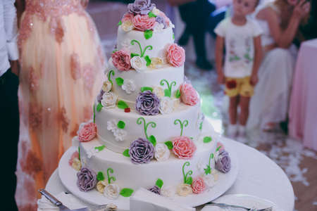 Beautiful white and colored wedding cake. A bride and a groom is cutting their wedding cakeの写真素材