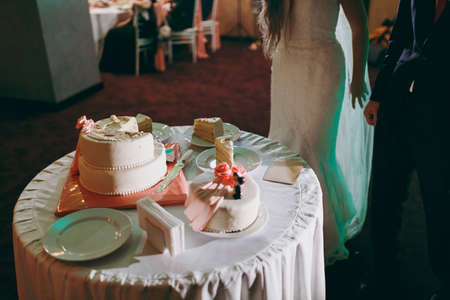 Beautiful white and colored wedding cake. A bride and a groom is cutting their wedding cakeの写真素材