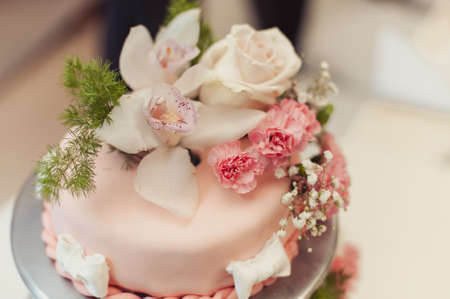 Beautiful white and colored wedding cake. A bride and a groom is cutting their wedding cakeの写真素材
