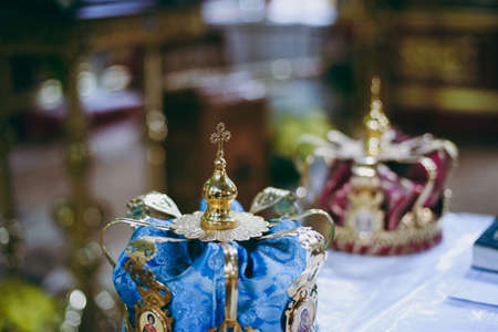 Altar church bible candles crown cross iconの写真素材