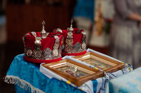 Altar church bible candles crown cross iconの写真素材