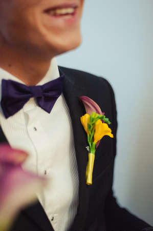 The groom puts on a butterfly. A business man dresses a butterfly.の写真素材