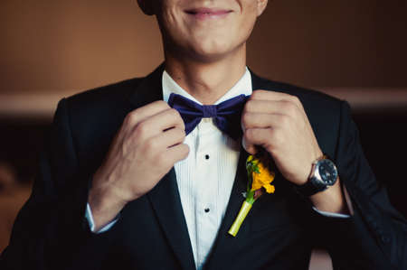 The groom puts on a butterfly. A business man dresses a butterfly.の写真素材