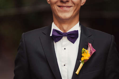 The groom puts on a butterfly. A business man dresses a butterfly.の写真素材