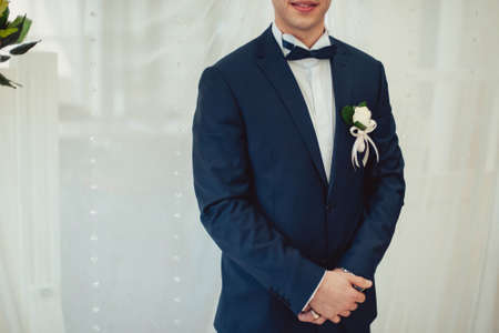 The groom puts on a butterfly. A business man dresses a butterfly.の写真素材