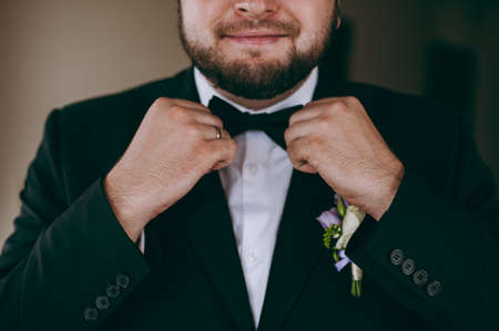 The groom puts on a butterfly. A business man dresses a butterfly.の写真素材