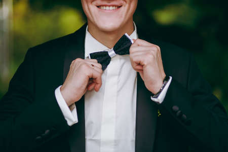 The groom puts on a butterfly. A business man dresses a butterfly.の写真素材