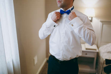 The groom puts on a butterfly. A business man dresses a butterfly.の写真素材