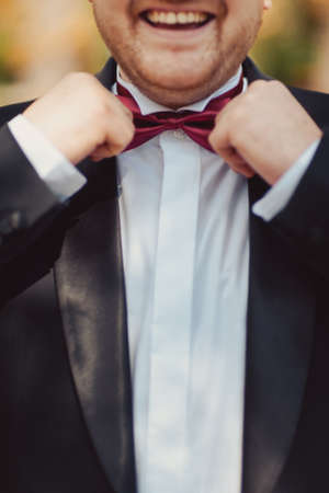The groom puts on a butterfly. A business man dresses a butterfly.の写真素材