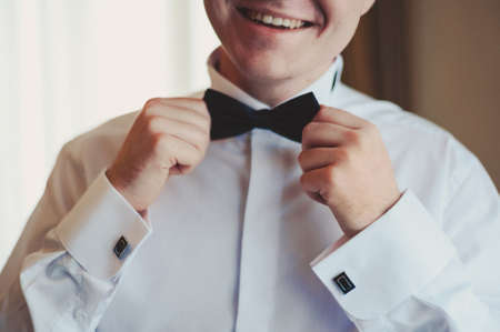 The groom puts on a butterfly. A business man dresses a butterfly.の写真素材