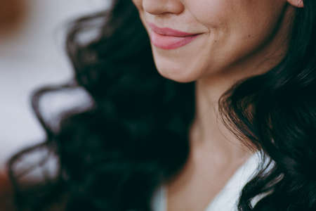 closeup of beautiful bride indoors with selective focusの写真素材