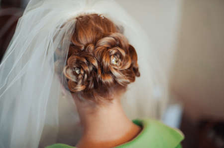 Hairstyle of the bride. Beautiful wedding hairstyle for the bride. Large with detailsの写真素材