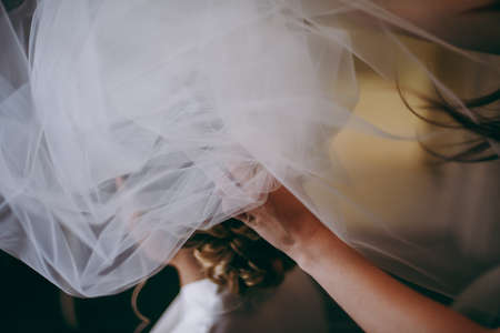 The bride is wearing a veil. Beautiful long veil of white colorの写真素材