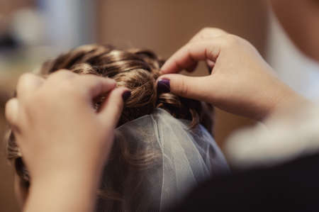 The bride is wearing a veil. Beautiful long veil of white colorの写真素材