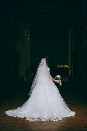 Wedding couple bride and groom on a walkの写真素材