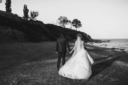 Wedding couple bride and groom on a walkの写真素材
