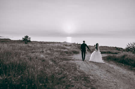 Wedding couple bride and groom on a walkの写真素材