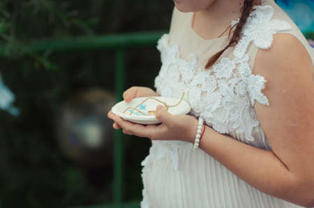 little girl or boy Carrying Wedding Ring On Cushionの写真素材