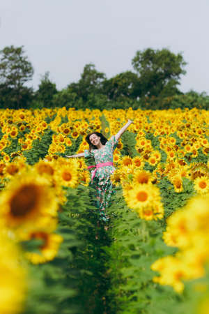 The brunette girl in a field of sunflowersの写真素材