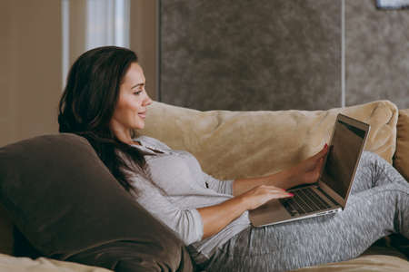 The beautiful young woman at home lying on the sofa, relaxing in her living room and working with laptopの写真素材