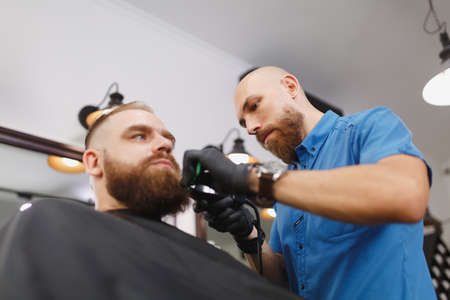 Male professional hairdresser serving client by clipper. Ginger handsome brutal stylish young man with thick big beard and short hair getting trendy haircut in black cape. Light white barber shopの写真素材