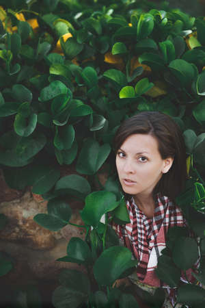 Portrait of young attractive beautiful cutie brunette woman standing in summer warm sunny day in green bushes with big leaves in front of stone rock fence. Sensualityの写真素材