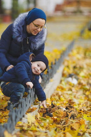 Woman walking in yellow fall park with little cute child baby boy on nature. Mother, small kid son stroke caress tricolor street cats. Parenthood, family day 15 of may, love, parents children conceptの写真素材