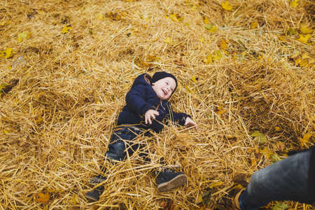 Little cute child baby boy walk in fall park, sit, lay in pile of straw, have fun in dry yellow autumn grass. Small kid son rest. Parenthood, family day 15 of may, love, parents, children conceptの写真素材