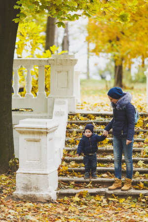 Young woman walk in fall park with little cute child boy, go down stairs with dry yellow autumn leaves. Mother, little kid son on steps. Parenthood family day 15 of may love parents, children conceptの写真素材