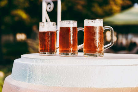 Treats for guests at the Oktoberfest. Three large glasses of fresh cold foam lager beer on a stone stand in the green park where the festival is held on the blurry background.の写真素材