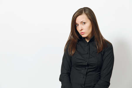 Beautiful caucasian young brown-hair business woman in black classic shirt, skirt, glasses isolated on white background close up. Manager, worker, student. Copy space for advertisementの写真素材