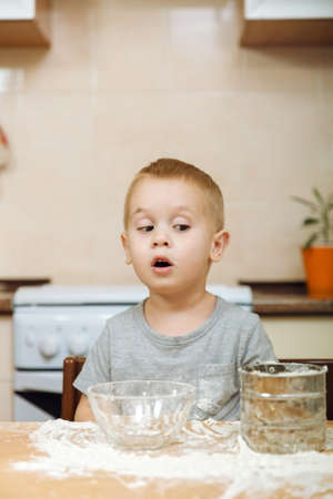 A little kid boy helps mother to cook Christmas ginger biscuit in light kitchen. Happy fair-haired child in gray T-shirt 2-3 years at the table with iron sieve and flour in weekend morning at home.の写真素材