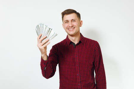 Handsome cheerful positive satisfied caucasian lucky young happy business man 25-30 years in red...